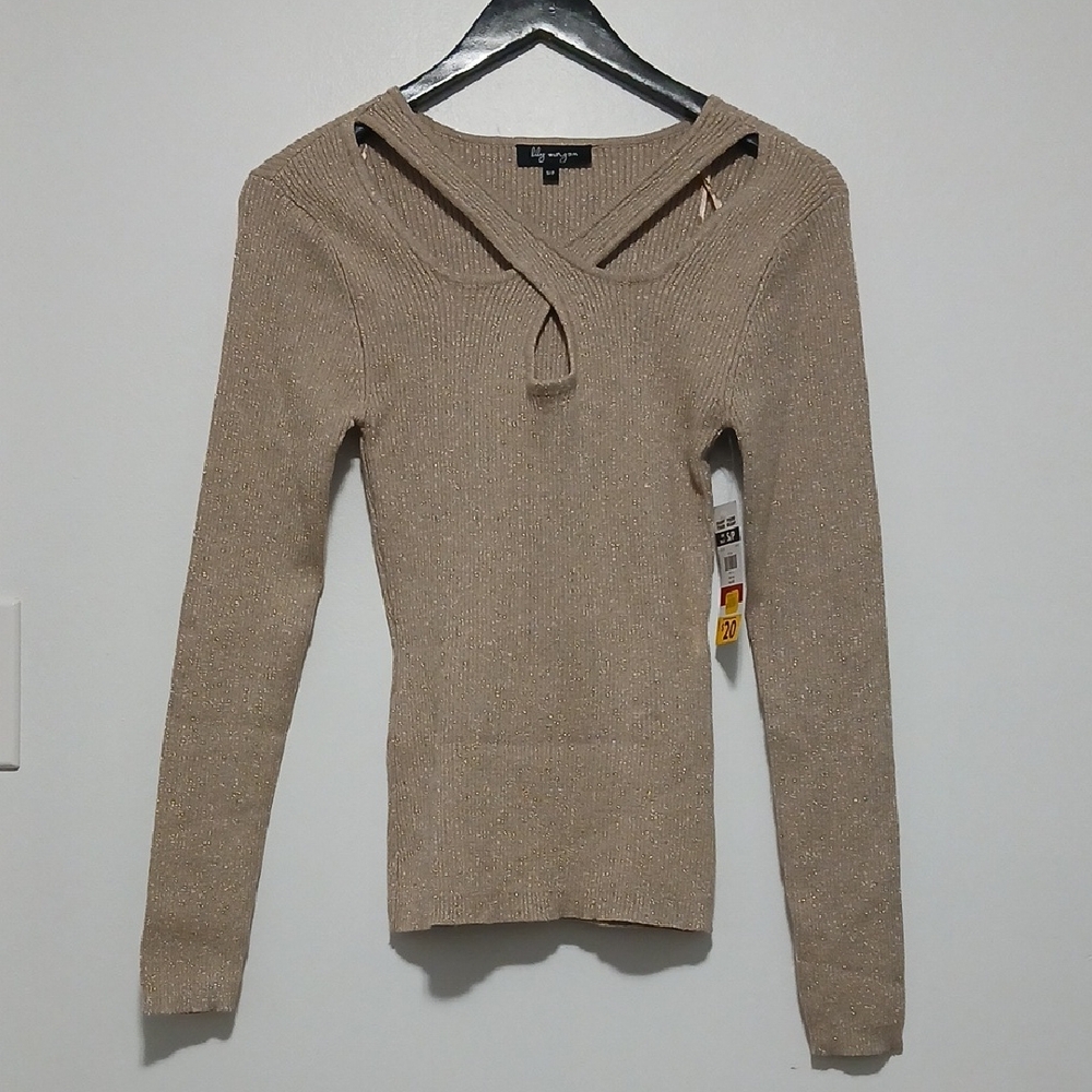 Lily Morgan Criss Cross Long Sleeve Beige Sparkle Top